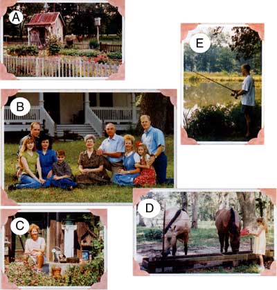 A: Robins garden in full bloom. B: from left Rebekah, Steve, Donna and Joel Phillips Janette and Albert Greene; Robin, Danielle and Ricky Wright. C:Robin in her organic garden. D:Danielle feeds the horses, Missy and Copper E: Ricky fishes for Bass